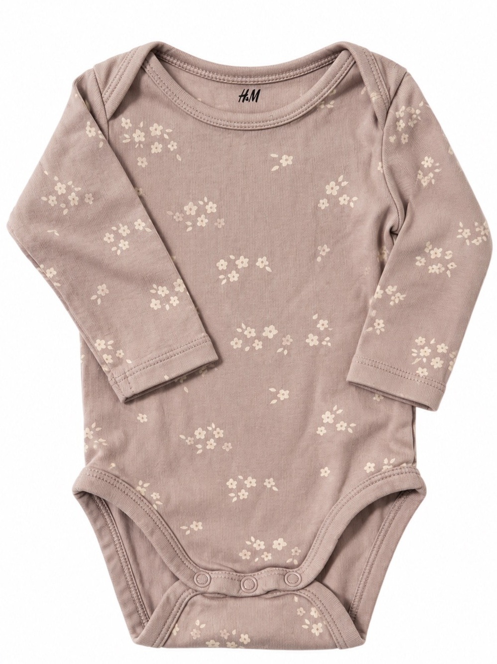 H&M Mauve Floral Long-Sleeve Baby Bodysuit with Cream Flowers